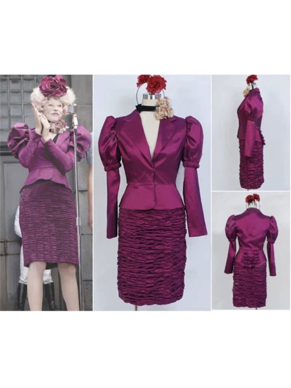 Effie Trinket Costume Women Purple 2pc Jacket & Skirt Ruffle Lined Cosplay Sz 14